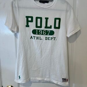 Polo Athletic Department white T shirt Green rubber lettering Small